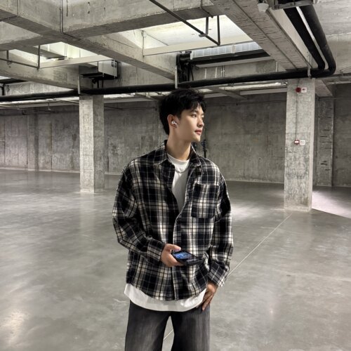 美式复古格子衬衫男款秋季