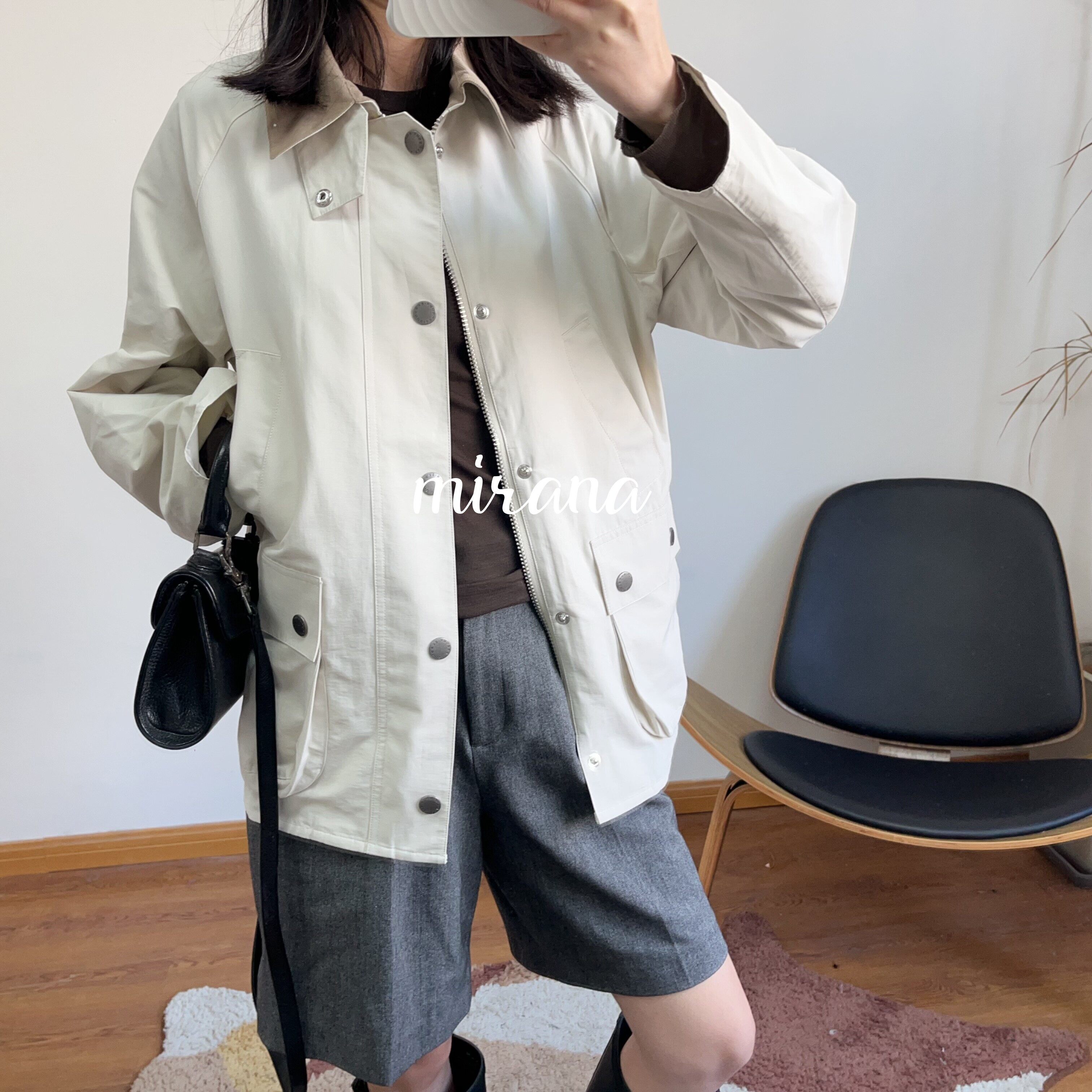 特价孤品清仓复古廓形风衣女中长款米白色翻领多口袋外套中性风