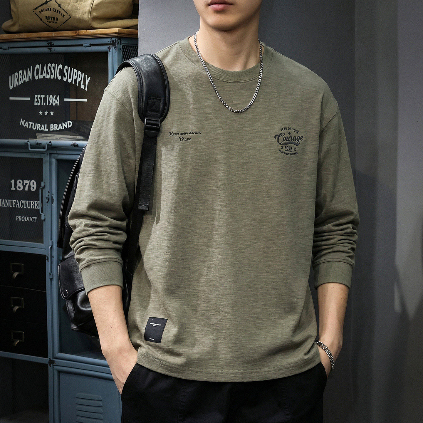 美式印花纯棉长袖t恤男春季2026新款竹节棉圆领体恤男款打底上衣