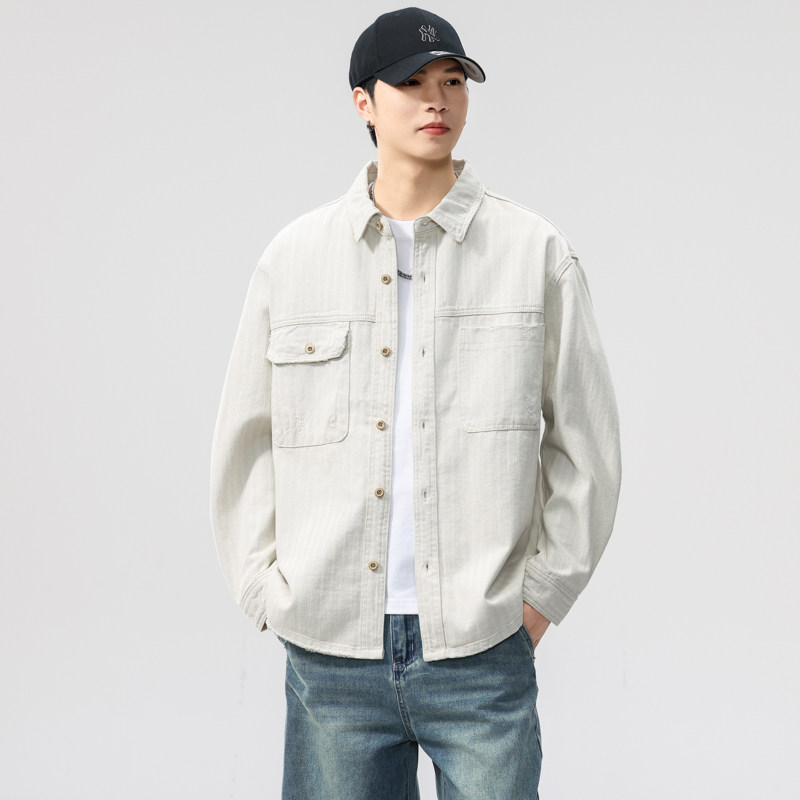 高端高密人字纹纯棉水洗工装衬衫男士秋季新款宽松长袖衬衣外套男,男装,牛仔衬衫,淘宝优惠券,粉丝福利购,淘宝优惠卷