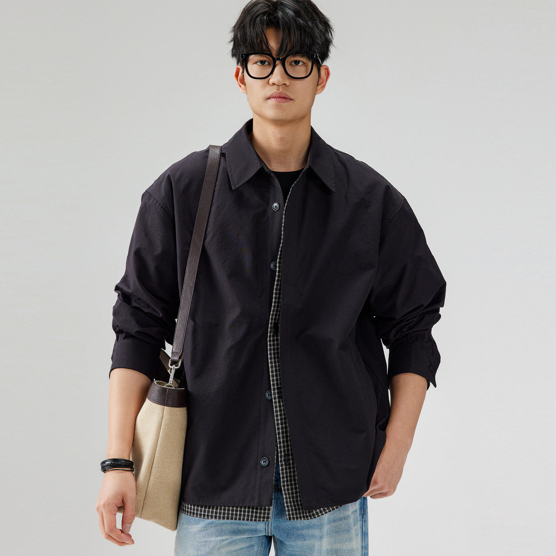 春季新款格子假两件薄款通勤工装夹克男翻领休闲百搭外套