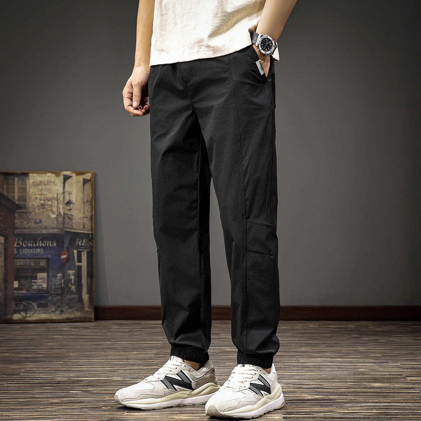 高端轻薄透气束脚休闲裤男冰丝裤子2026春季新款拼接运动速干长裤