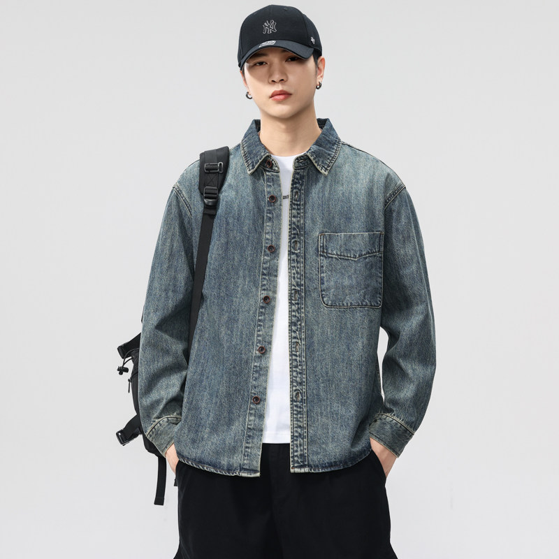 高质感竹节纹做旧水洗纯棉重磅牛仔衬衫男士秋季新款美式衬衣外套,男装,牛仔衬衫,淘宝优惠券,粉丝福利购,淘宝优惠卷
