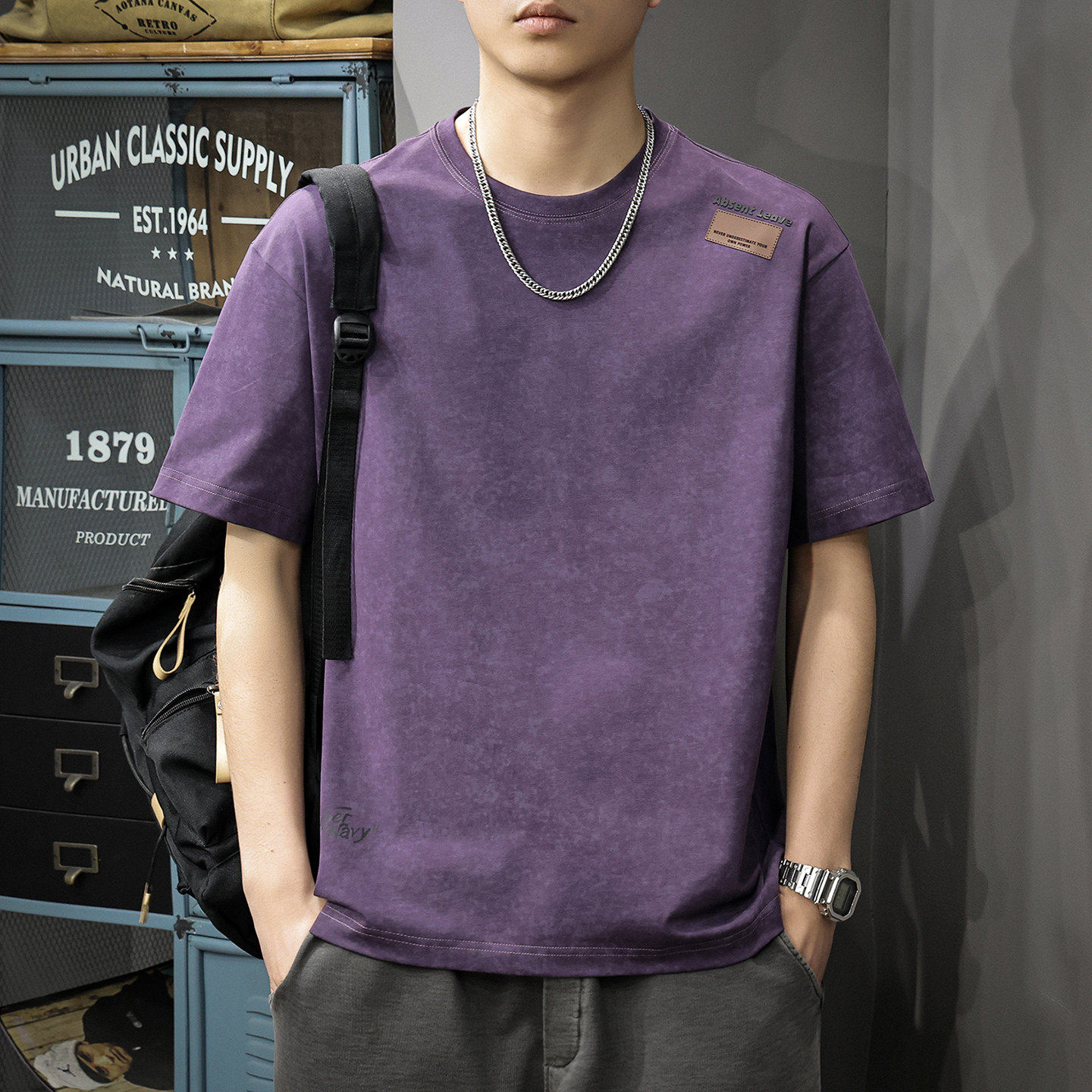 高端云染纯棉短袖t恤男2026夏季新款重磅五分袖潮牌圆领体恤上衣