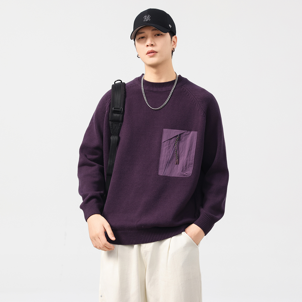 美式慵懒复古毛衣男2025冬季拼接撞色套头上衣高级感圆领针织衫潮