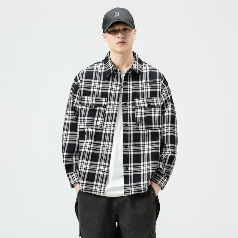 美式高端黑白格子衬衫男2024秋冬季潮牌宽松复古工装长袖衬衣外套