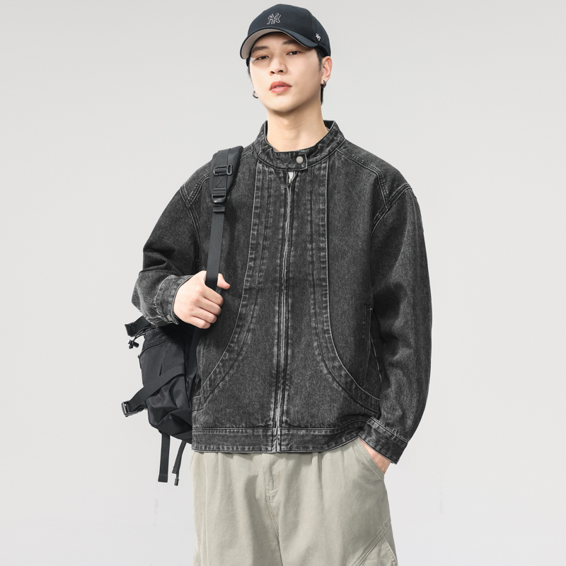 秋季新款重工艺水洗解构拼接牛仔夹克男立领休闲宽松重磅长袖外套