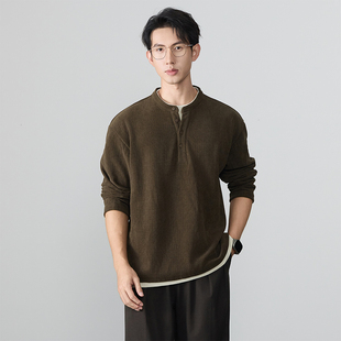 男 春秋加厚假两件欧棉绒t恤宽松亨利衫 美式 复古重磅加绒卫衣男士