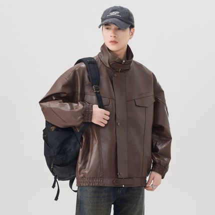 美式刺绣翻领pu皮衣外套男女棕色已付潮牌宽松痞帅机车服美式夹克