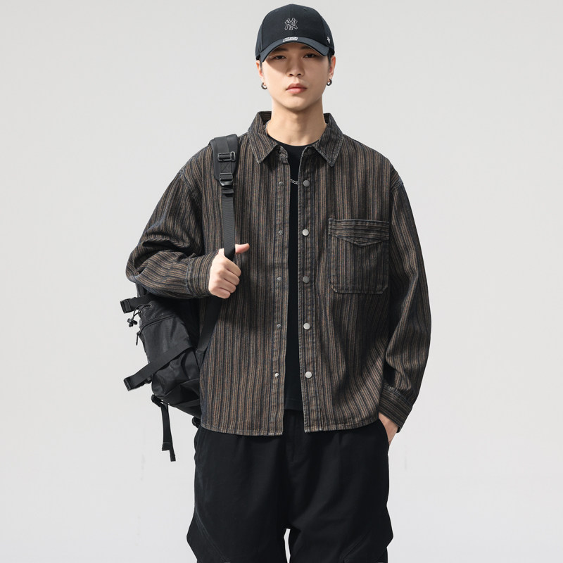 350g重磅复古条纹提花衬衫男秋季新款潮牌美式翻领宽松大码外套潮,男装,牛仔衬衫,淘宝优惠券,粉丝福利购,淘宝优惠卷