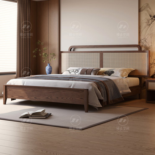 宋式美学白蜡木实木1米8双人床新中式主卧高端大气2025新款藤编床