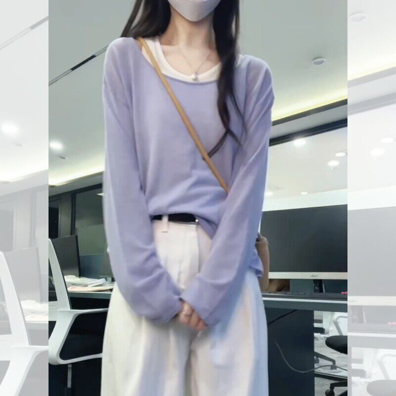 紫色冰丝针织衫t恤女轻薄款夏季吊带外搭防晒罩衫叠穿两件套上衣