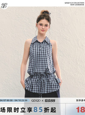 QDQD 设计感格纹无袖挂脖短裙夏季抽绳收腰显瘦两穿纯棉背心上衣