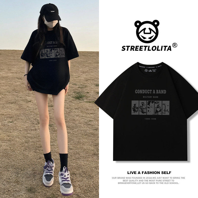 黑色正肩女T恤2026夏季新款上衣美式hiphop纯棉宽松短袖女高级感