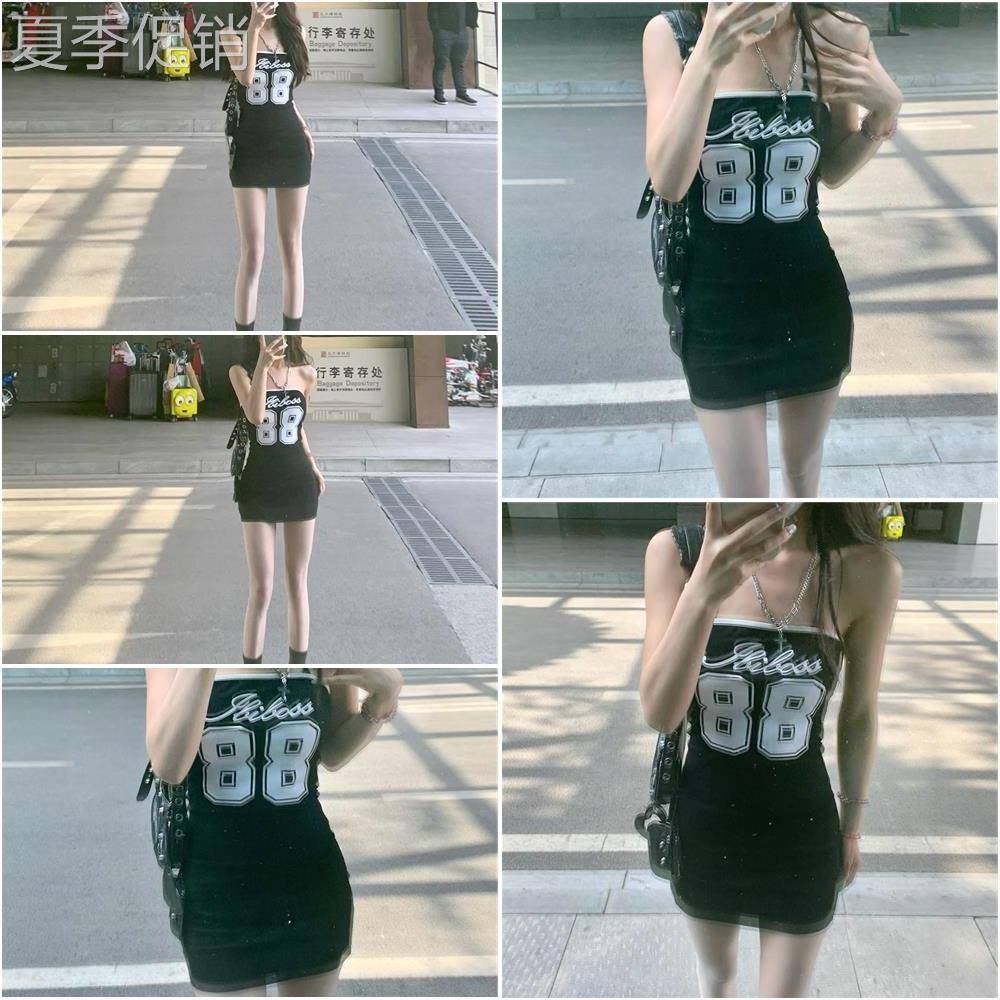 纯欲风时尚数字印花抹胸洋装女2026夏季辣妹紧身显瘦包臀短裙子