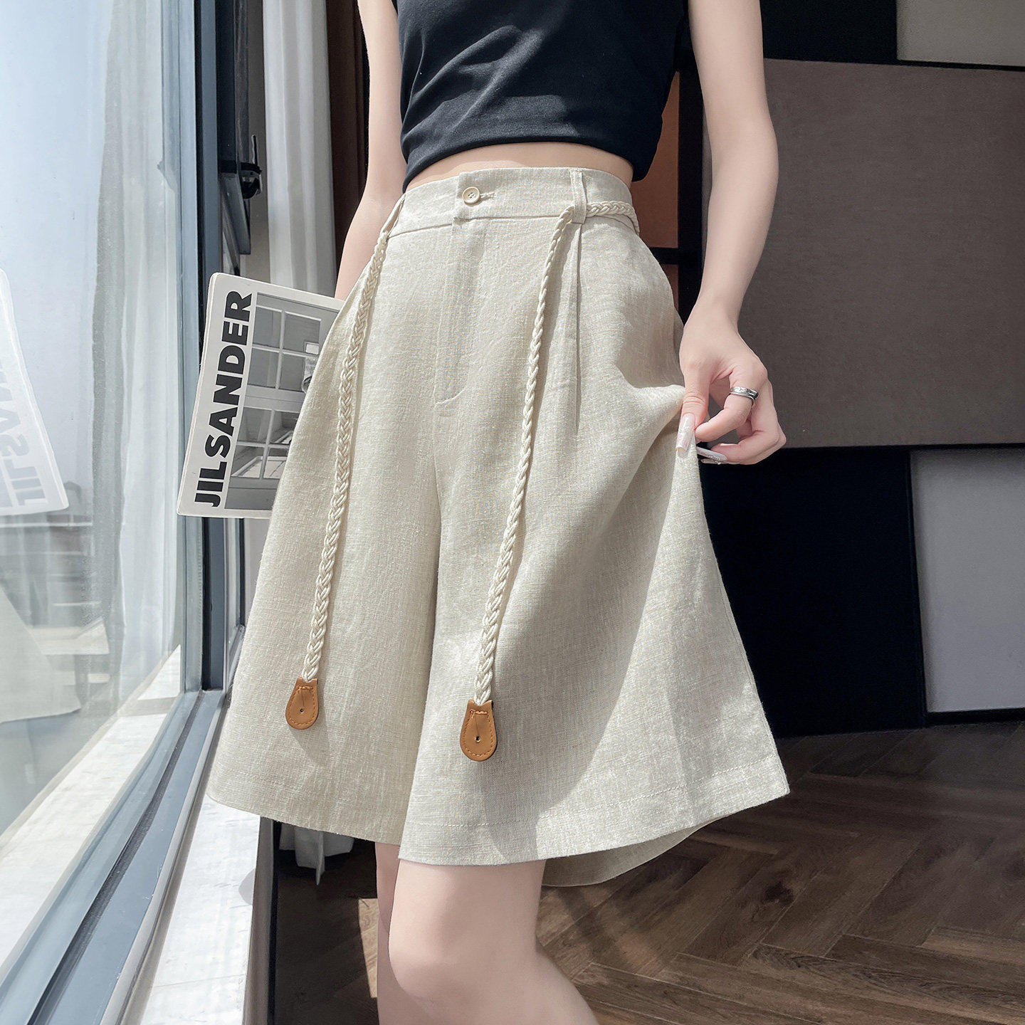 天丝亚麻短裤女2026新款夏季外穿薄款高腰垂感西装裤小个子五分裤