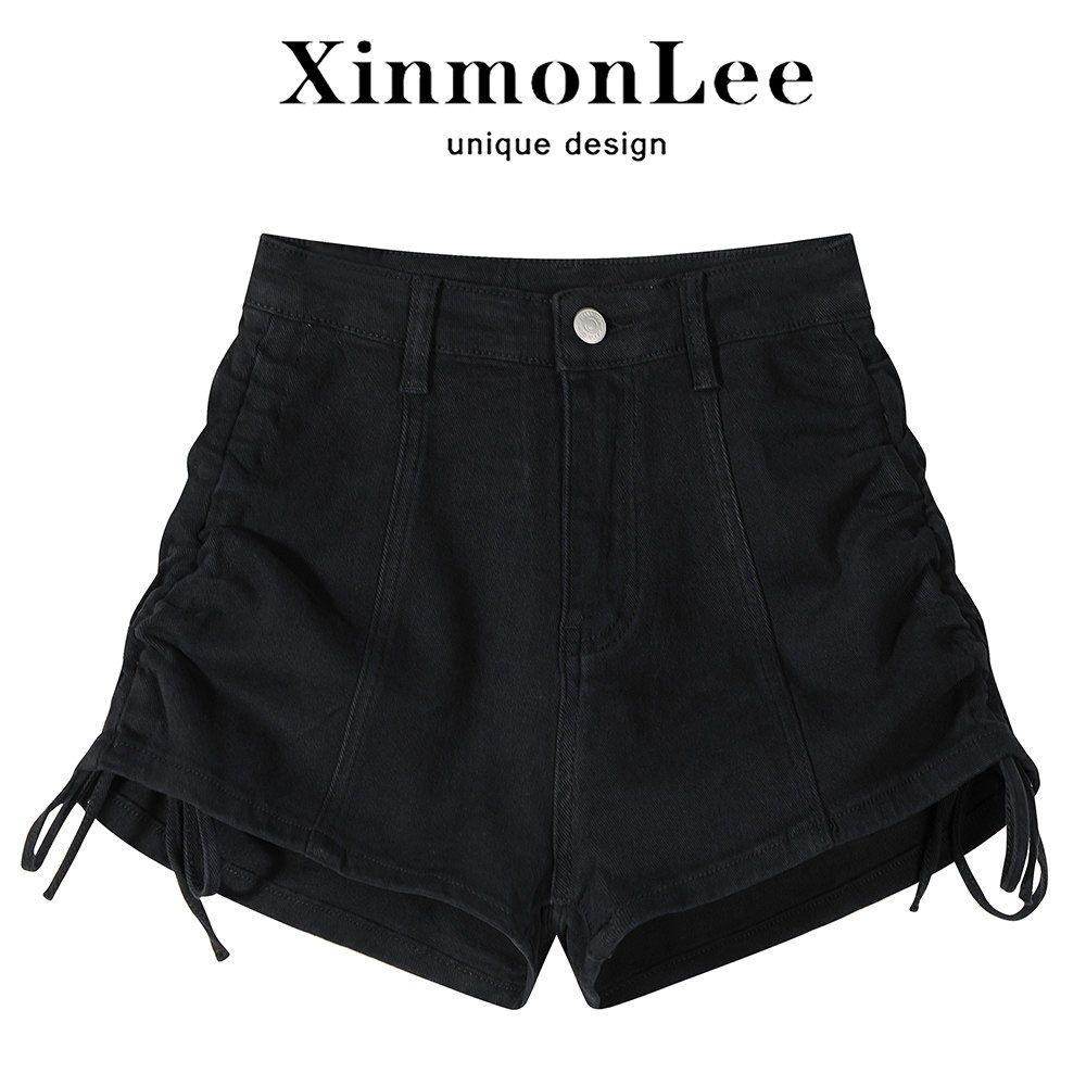 XinmonLee黑色牛仔阔腿抽绳设计感高腰短裤子女显瘦夏季薄款ins潮