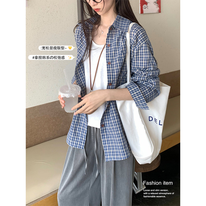 逃屿夏季新款蓝色格子衬