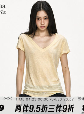 anna aneae55%亚麻tee经典显瘦正肩T恤女夏季宽松百搭V领纯色上衣