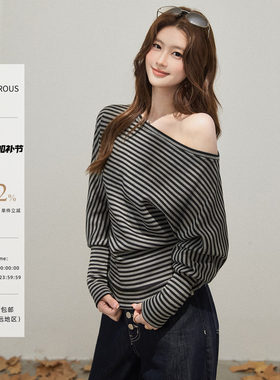 谢不肉 斜肩条纹长袖T恤女春季休闲宽松显瘦设计感修身露肩上衣