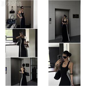 野生zero 美式辣妹U领针织连衣裙女新款高级气质修身显瘦黑色长裙