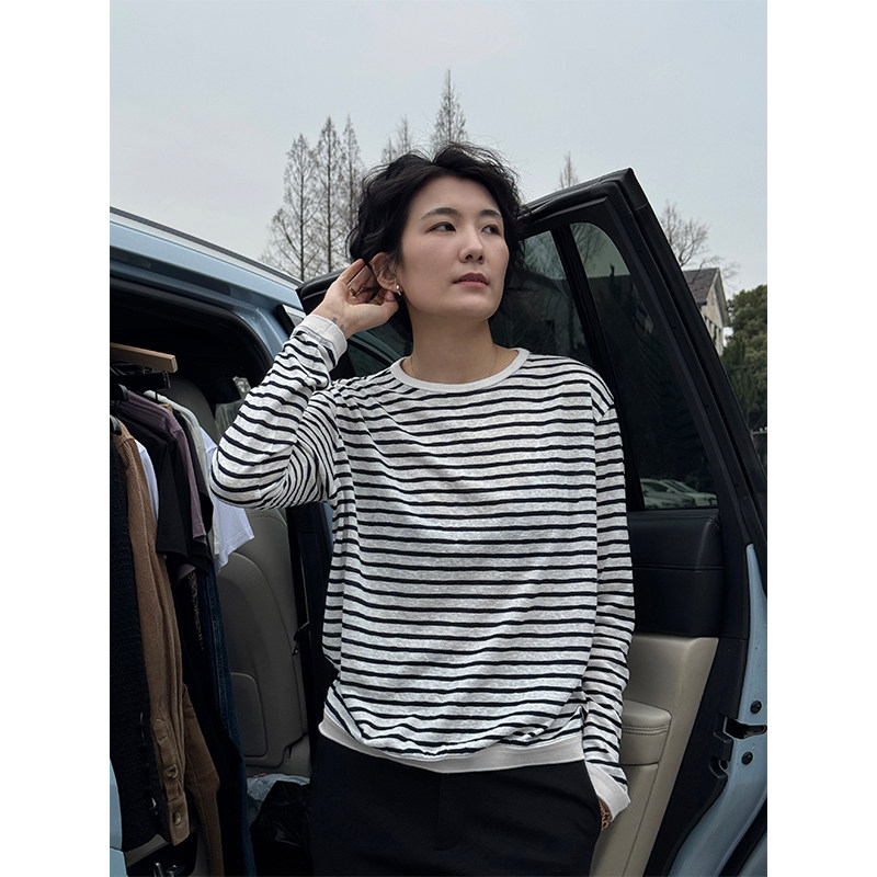 浪清撞色条纹上衣圆领内