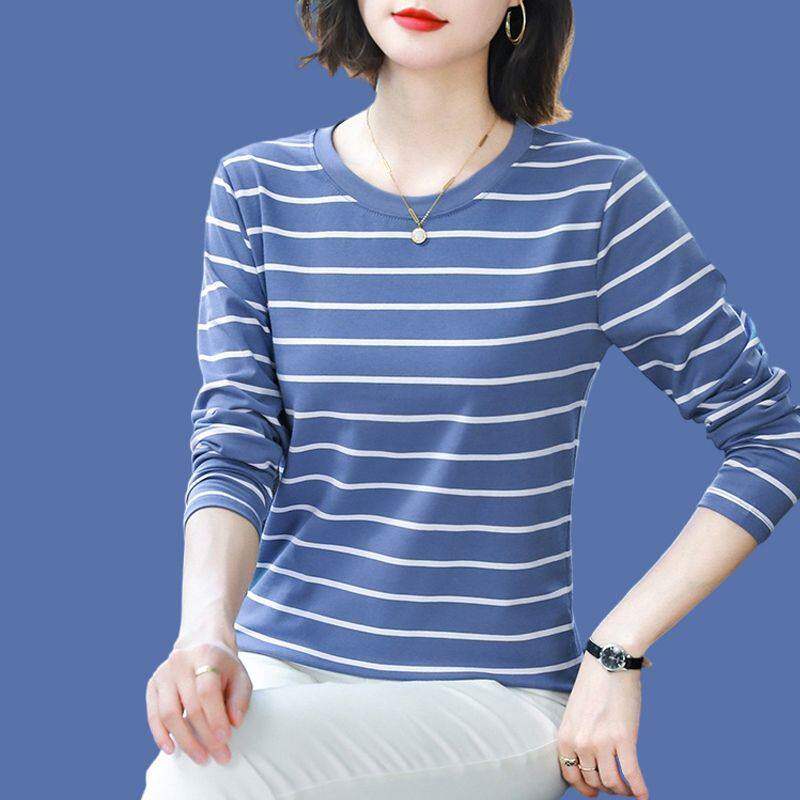 春秋季新款妈妈打底衫长袖T恤女装宽松大尺码纯棉上衣条纹外穿秋