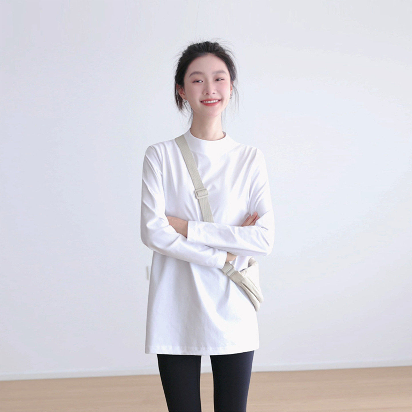 中长版遮臀极简设计感!纯棉T恤女长袖半高中领外穿宽松立领打底衫