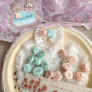 1A5个薄荷绿香槟粉特殊重工双层纱 丝带组合手捏缝制玫瑰花头2CM