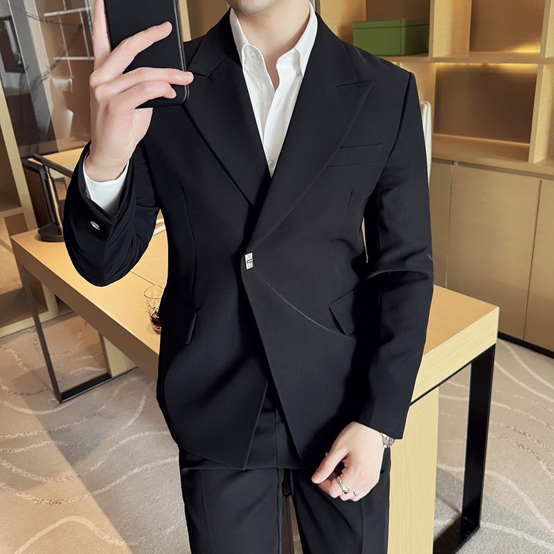 高端轻奢男士西装套装时尚百搭气质痞帅斜扣休闲西服韩版通勤外套
