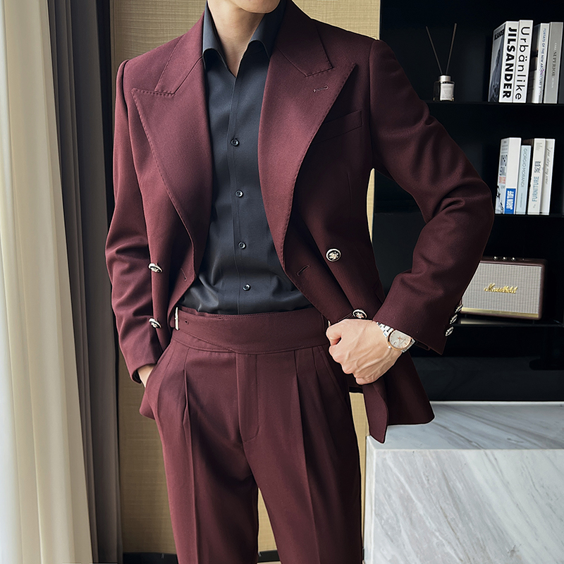 高端安克拉红西装男套装潮流雅痞复古加厚双排扣西服修身宴会外套