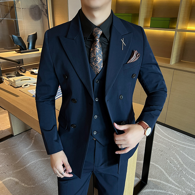 新郎结婚西服套装男高级感双排扣黑色休闲西装商务三件套修身礼服