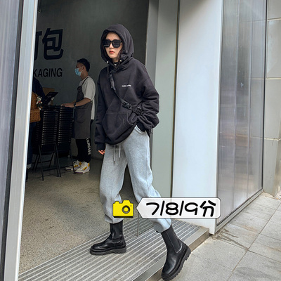 145小个子束脚卫裤秋冬加绒七分显高八分高腰显瘦灰色运动裤女xxs