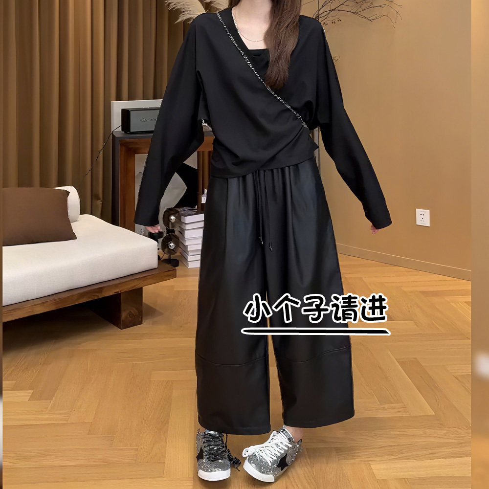 压线抽绳皮裤女秋装立体剪裁145小个子八分时尚百搭阔腿弯刀裤子9