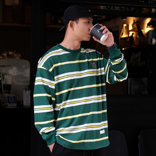 T恤复古风男女 宽松纯棉刺绣LOGO杠条纹长袖 Masterape秋冬新款 美式