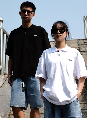 Masterape夏季新款宽松纯棉男女翻领日系复古重磅POLO衫短袖T恤