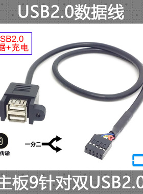CY 主板9Pin转USB2.0两口扩展线 带螺丝孔固定 9针转USB2口挡板线