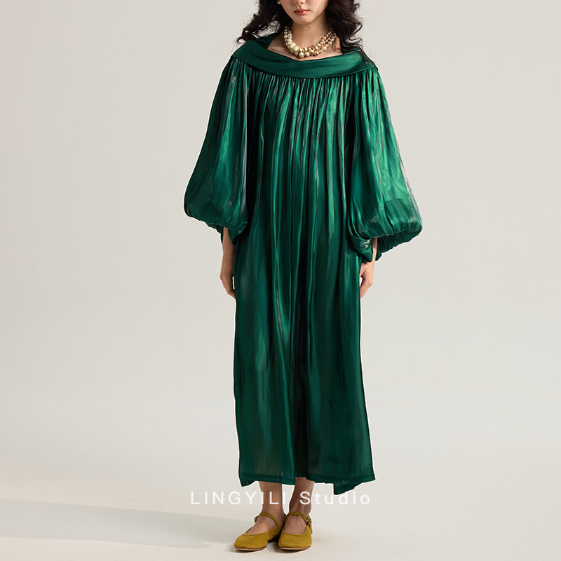 LINGYILI 春夏系列 宝石绿琉璃光古典灯笼袖连衣裙