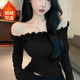 加绒保暖性感一字肩荷叶边长袖 T恤女黑色露肩显瘦小众辣妹风上衣