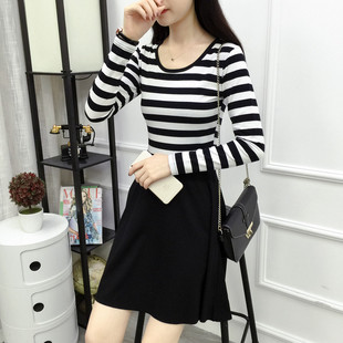 韩版 长袖 连衣裙时尚 2024春装 修身 女装 条纹中长款 显瘦a字裙子 新款