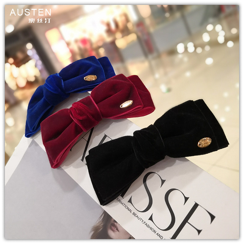 韩国发饰冬季丝绒蝴蝶结儿童天鹅绒优雅复古发夹酒红顶夹日系边夹