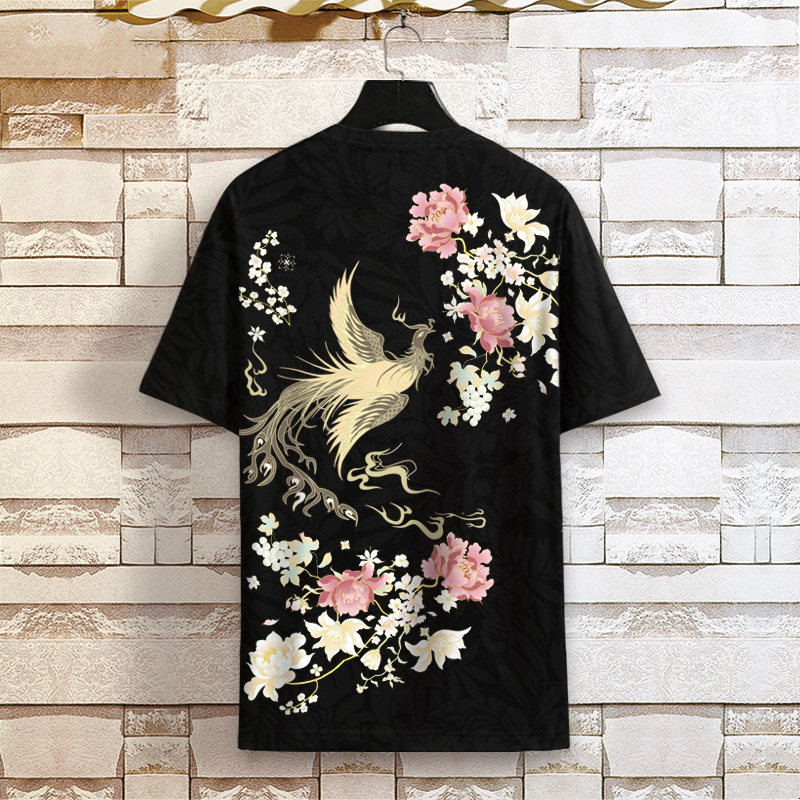 中国风短袖男凤凰印花t恤夏季新款修身显瘦体恤衫青少年冰丝半袖