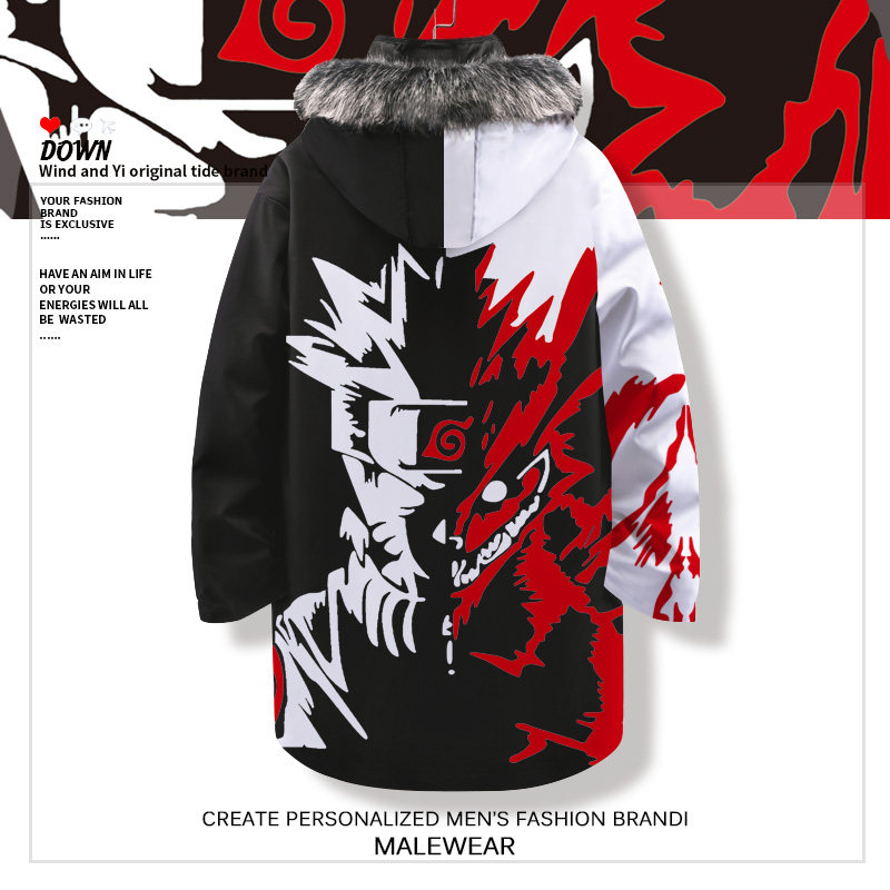 火影忍者动漫周边羽绒服男冬季加厚二次元外套中长款保暖连帽棉服