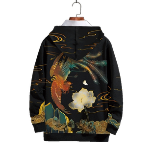 中国风卫衣男ins超火国潮凤凰印花大码休闲秋季加绒连帽学生外套