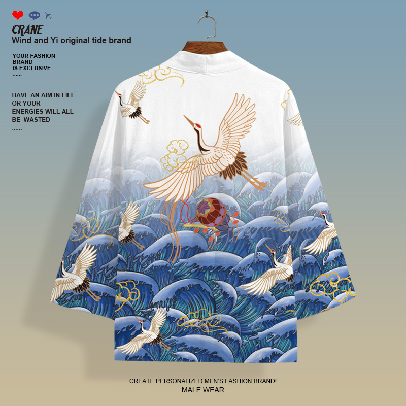仙鹤印花国风道袍外套男oversize薄款衬衫休闲潮牌新款七分袖披风