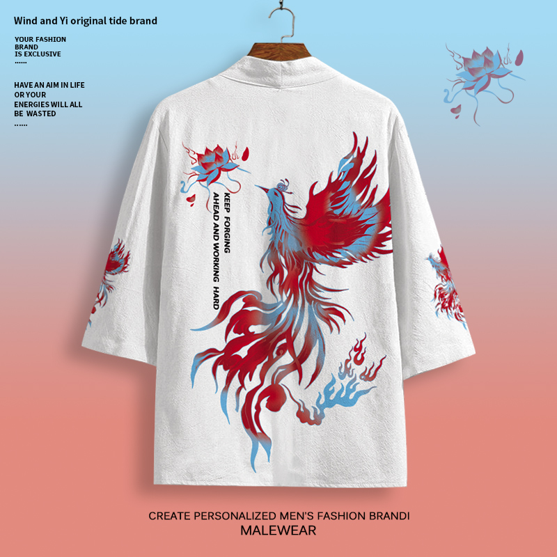 国潮凤凰印花道袍外套男中国风改良汉服衬衫夏季薄款羽织防晒披风