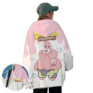 春秋季连帽卫衣女款情侣海绵宝宝大码宽松拉链外套男上衣学生开衫