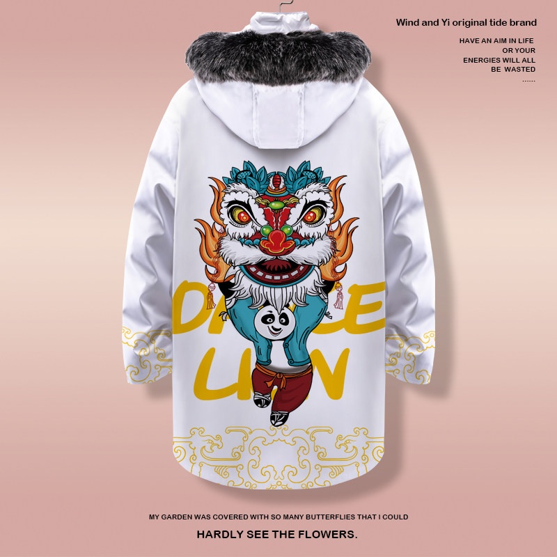 冬季羽绒服男士连帽加厚防寒大衣中国风醒狮印花棉衣服中长款外套