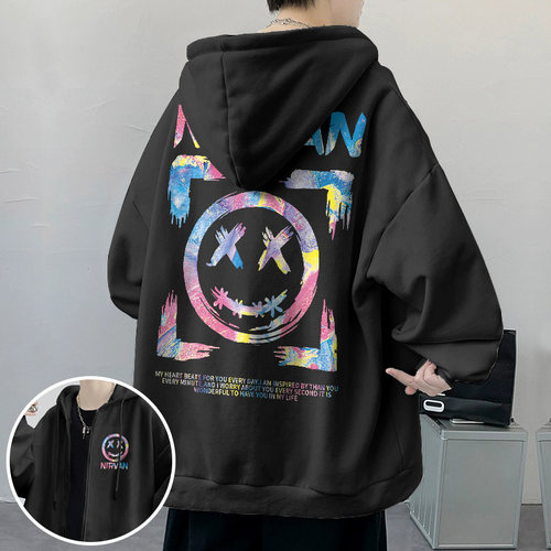 秋季厚款潮牌笑脸连帽卫衣男士