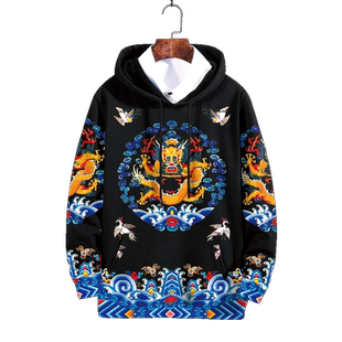 中国风男士卫衣早秋季皇帝龙袍复古套头连帽上衣大码胖子运动外套